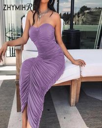 ZHYMIHRET Purple Strapless Ruched Dress Women Elegant Midi Dress Neon Sexy Bodycon Party Vestidos Tube Summer Dresses Sundresses6944911