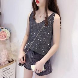 Women's Tanks Lady Ice Silk Diamond Camisole Summer Loose Short T-shirt Sleeveless V-neck Women Vest Tops