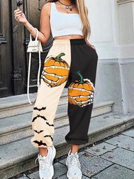 Women's Pants Halloween Pumpkin Bat Skeleton Hand Color Block Elastic Waist Sweatpants Y2K Streetwear Women Hip Hop Sports