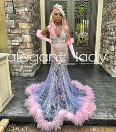 Pink Silver African Evening Birthday Dresses pregnant Women Sparkly Diamond Crystal Feather Prom Ceremony Gown for Black Girl