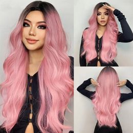 Long curly synthetic wig black gradient pink medium body wave wig female role-playing daily party natural heat-resistant headwear 230125