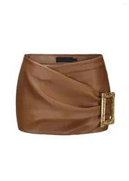 Skirts Retro Sexy Luxury Women Faux Leather Gold Buckle Mini Skirt In Brown & Black Evening Party Club