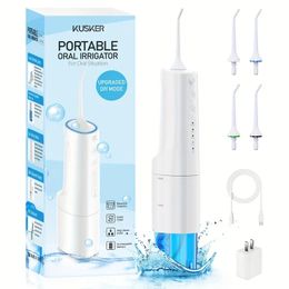 Water Dental Flosser Cordless, KUSKER Portable Oral Irrigator For Teeth, 4 Modes And 4 Jet Tips, IPX7 Waterproof, Rechargeable For 30-Days Use, Home, Travel, Braces.