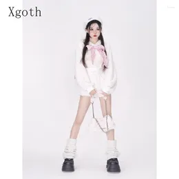 Women's Tracksuits Xgoth Sexy Short Set Bow Cute Loose Casual Preppy Fur Coats Tops Winte High Waist Wide Leg Shorts Korean Style Two Piece
