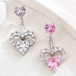 Navel Bell Button Rings Stainless Steel Belly Button Rings Navel Rings Love Heart ClearPink CZ Curved Barbell Piercing For Women YQ240125