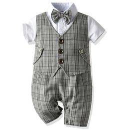 Baby Boy Christening Birthday Outfit Kids Plaid Suits Newborn Gentleman Wedding Bowtie Formal Clothes Infant Summer Clothing Set Y5767331
