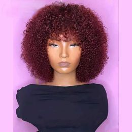 250 Density Brazilian Afro Curly Wig with Bangs Short Simulation Human Hair Afro Kinky Curly Wig Brown Colour Glueless No Full Lace Wig