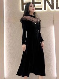 Casual Dresses Autumn Winter Vintage Puff Long Sleeve Velvet Dress Ladies Lace Splice Black Office Lady Slim Pleated Elegant Midi