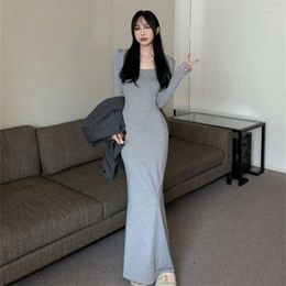 Girl Dresses Solid Long Sleeve Bodycon Dress Sexy Square Neck Slim Fishtail Tight Elegant