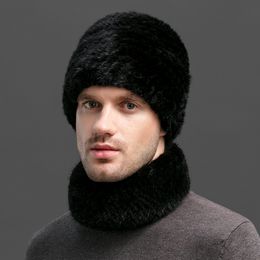 One Set Men's Real Mink Fur Hat +Scarf Knitted Cap Beanie Winter Warm Neck Warm Collar Ski Outdoor Cap