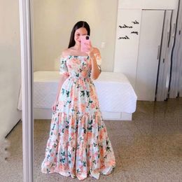 2024 New Spring/Summer Women's Dress One Shoulder Fragmented Flower Fashion Off Shoulder Long Printed Dress white lace tops tanks Designer women's clothingAYOF