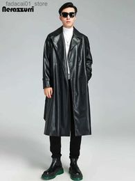 Men's Trench Coats Nerazzurri Autumn Winter Long Black Soft Pu Leather Trench Coat Men Belt Double Breasted Luxury Plus Size Overcoat 3xl 4xl 5xlQ240125