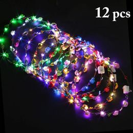 12PCS Flower Wreath Luminous 10-LED Headpiece Garland Crown Flower Headband Glowing Wreath For Wedding Party Christmas Garlands 240118