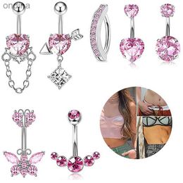 Navel Bell Button Rings Stainless Steel Butterfly Belly Button Ring High Quality Pink Rhinestone Love Navel Piercing Ring For Women Body Sexy Decoration YQ240125