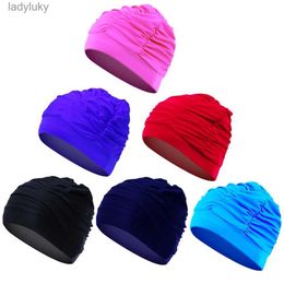 Swimming caps New Women Swimming Cap Girl Long Hair Bathing Swimming Caps Hat Stretch Drape Solid Sports Swim Pool Elastic Nylon TurbanL240125