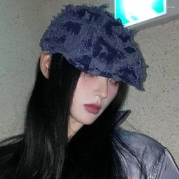 Berets Korean Version Design Y2k Hole Star Forward Hats For Women Spring And Summer Retro Literary Denim Short Brim Caps Men