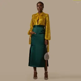 Skirts Dark Green Satin Long Skirt With Pockets Lady Women Formal Wear Party Gowns Side Split Mid-Calf Girls Pencil
