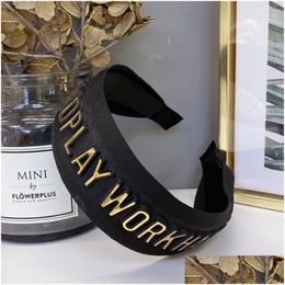 Headbands Ins Elastic Black Retro Hairband Women 3D Gilt Letter Logo Headband Wide Edge Hair Hoop Gold And Sier Wholesale Drop Delive Dhfmz