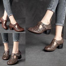Sandals Soft Leather Hollow Single Shoes Female Thick Bottom Spring And Summer Breathable Hole Buckle Mesh Casual