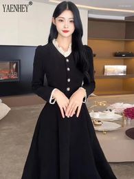 Casual Dresses French Lace Black Patchwork Long Women Elegant Single Breasted Female Corduroy Dress Party Korea Fashion Winter 2024