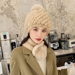 Women's One Set Real Mink Fur Hat + Real Mink Fur scarf Knitted Beanies Elastic Cap Winter Warm Collar