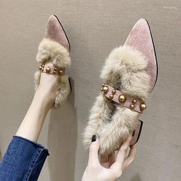 Dress Shoes Pointed Toe Women Sexy Mid Heels 2024 Winter Warm Fluffy Boots Designer Short Plush Pumps Zapatos Femme