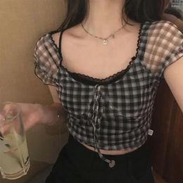 Women's T Shirts Style Plaid T-shirt Women Retro Square Collar Shirt Casual Lace Puff Sleeve Y2k Cropped Top Korean Fashion