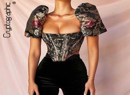 Cryptographic Square Collar Jacquard Boned Bustier Crop Tops Shirt Puff Sleeve Sexy Backless Shirts Blouse Women Zipper Elegant 204743080