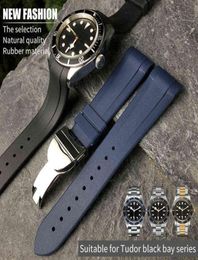 22mm Natural Rubber Silione Watch Band Special for Tudor Black Bay Gmt Curved End Pinfolding Buckle Black Blue Red Wrist Strap H07133689