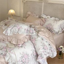 Bedding Sets Luxury Vintage French Rose Flowers Print Lace Ruffles Set 1000TC Egyptian Cotton Duvet Cover Bed Sheet Pillowcases