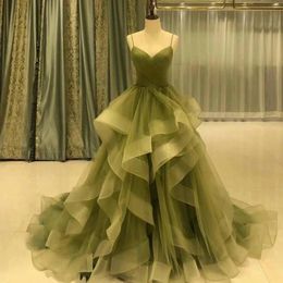 2024 Olive Green Evening Birthday Dress Spaghetti Straps Ruffle Tulle Skirt Prom Formal Gowns Robe De Soiree Customise