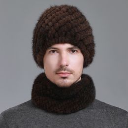 One Set Men's Real Mink Fur Hat +Scarf Knitted Cap Beanie Elastic Winter Warm Neck Collar Ski Outdoor Hat
