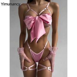 Sexy Set Yimunancy 3-Piece Cut Out Bow Lingerie Set 4 Colors Satin Cute Erotic Set Solid Brief Underwear Set Nightwear