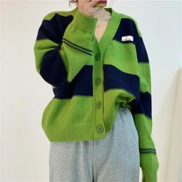Women's Sweaters Black Green Striped Knitted Women V-Neck Button Loose Pullovers Cute All-Match Casual Leisure Jumpers