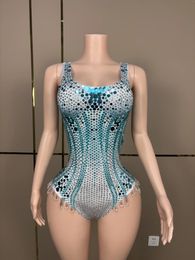 Stage Wear Full Blue Silver Stones Sequins Leotard Evening Birthday Celebrate Costume Female Singer Performance Sexy Bodysuit Outfit