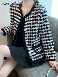 Autumn Winter Oneck Houndstooth Print Women Clothing Elegant Loose Long Sleeve Mink Fleece Coats Korean Streetwear Top 240118