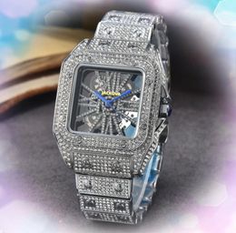 Premium Mens Square Hollow Skeleton Dial Watch Quartz Movement Male Time Clock Full Stainless Steel Band Sapphire Glass Sky Starry Diamonds Ring Bezel Wristwatch