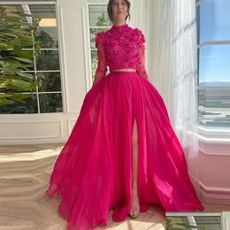 Prom Dresses 3D Floral Appliques Fuchsia Two Pieces Long Sleeves Chiffon A Line Special Ocn Gowns Front Split High Neck Evening Dres Dhiyt
