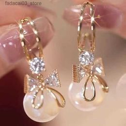 Stud 2023 New Zircon Bow Knot Round Pearl Pendant Gold Colour C Shape Earrings for Women Elegant Delicate Sweet Girls Party Jewellery Q240125