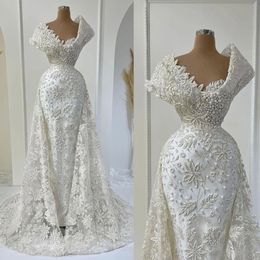 Plus size sereia vestido de casamento árabe 3d flores contas v pescoço sexy vestidos de noiva vestidos encantadores pérolas vestidos de noiva formal feito sob encomenda