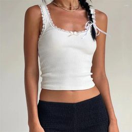 Women's Tanks Square Collar Lace Trim Tank Tops Women Y2K Bow Slim Fitted Crop Chic Backless Sleeveless Casual Camis Summer Streetwear