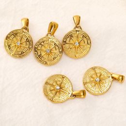 Pendant Necklaces Compass With Cubic Zirconia Romantic Gold Color Stainless Steel Bulk Jewelry For Women Gift