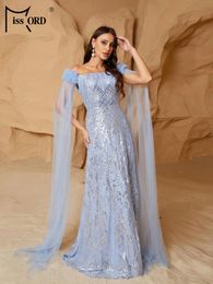 Casual Dresses Missord Elegant Blue Off Shoulder Evening Dress Women Mesh Long Sleeve Sequin Maxi A-line Party Prom Formal Gown