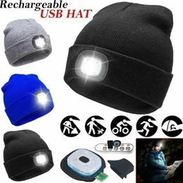 Beanie/Skull Caps LED Lighted Beanie Cap Unisex Led Knitted Beanie With Head Lamp USB Rechargeable Flashlight LED Beanies Knit Hat Fishing Caps 240125