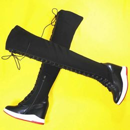 Boots Pumps Shoes Women Genuine Leather Wedges Over The Knee High Boots Female Stretch Fabric Round Toe Fashion Sneakers Casual Shoes