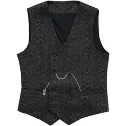 Henringbone Black Men Suit V Neck Wool Tweed Double Breasted Waistcoat Tuxedo Wedding Groomsmen Banquet Work Set 240119