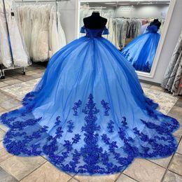 Blue Princess Ball Gown Quinceanera Dress 2024 Lace Appliques Beads Tull Sweet 16 Dress vestidos Birthday Party Gown