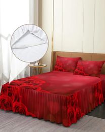 Bed Skirt Valentine'S Day Rose Red Flower Heart Elastic Fitted Bedspread With Pillowcases Mattress Cover Bedding Set Sheet