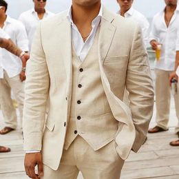 3 piece Linen Summer Men Suits for Wedding Groom Tuxedos 2023 Casual Beach Custom Man Suit Set Jacket Vest with Pants Fahion 240123
