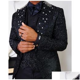 Wedding Tuxedos Sparkly Sequined Men Wedding Tuxedos 3 Pieces Pearls Beading Peaked Lapel Outfits Groom Pants Sets Wear Drop Delivery Ota4B